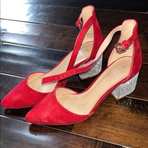 Call It Spring Red Suede Heels with Silver Block Heel